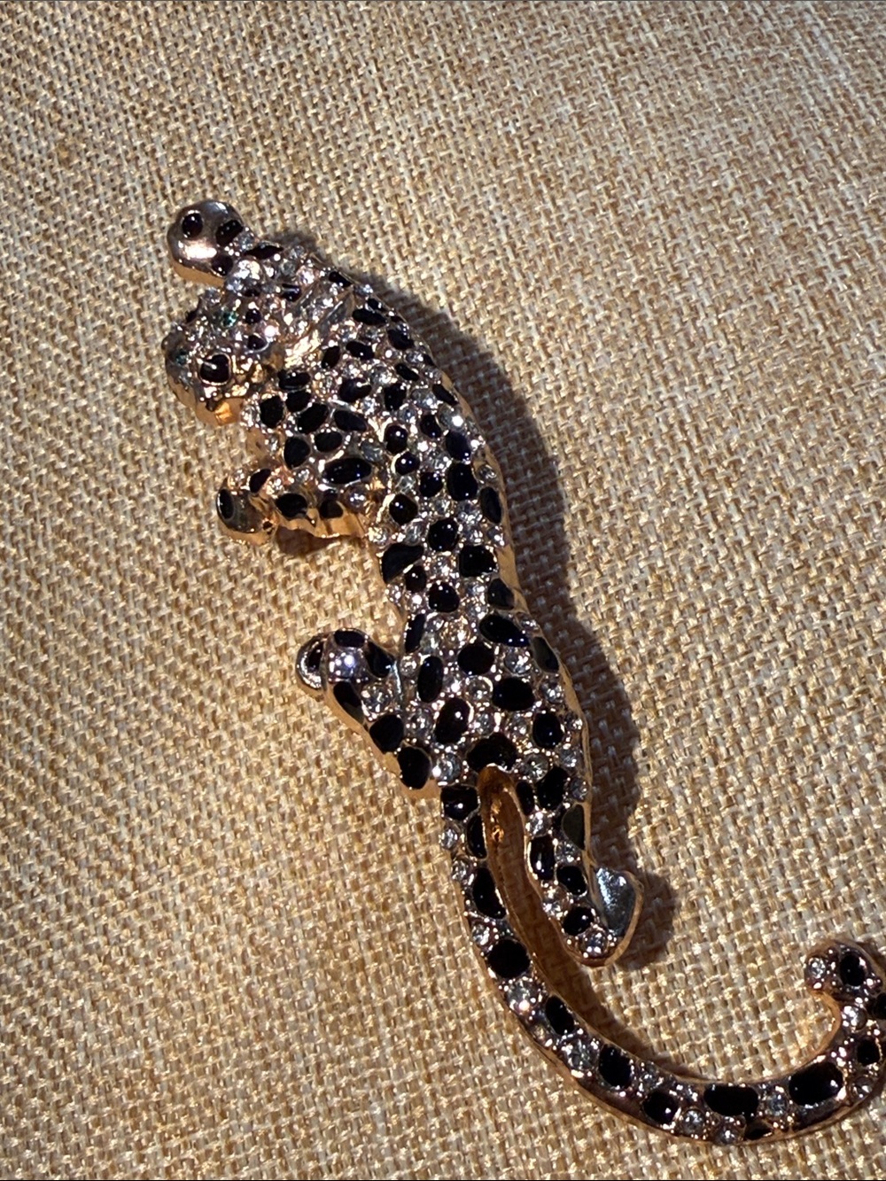Green Eyed Gold and Black Leopard Crystal Brooch - Women Jewelry